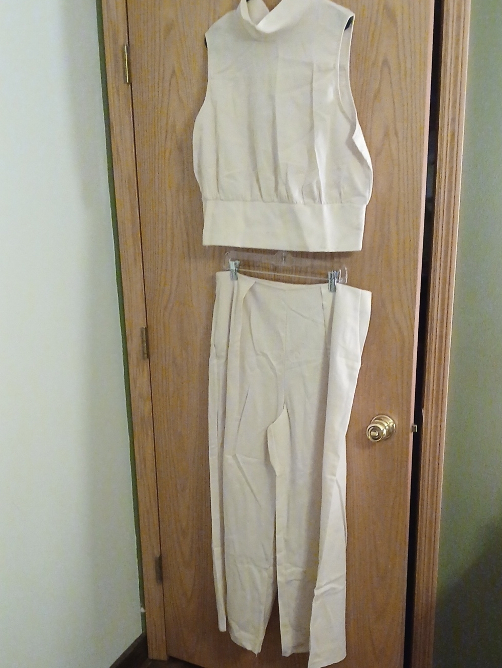 Two-Piece Cream Sleeveless Top & High-Waist Pants Set